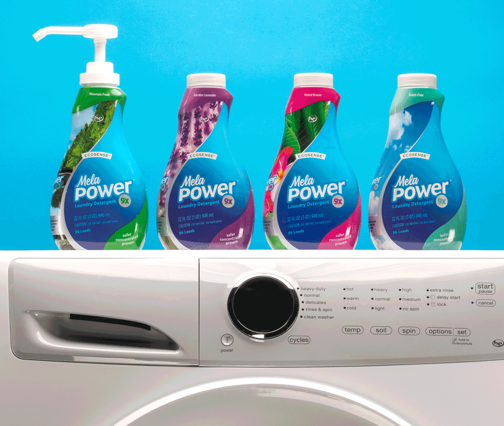 Melaleuca MelaPower bottles on top of a washing machine